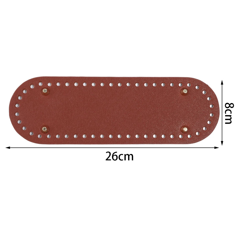 Oval brown PU leather bag base with pre-punched holes for crochet and knitting