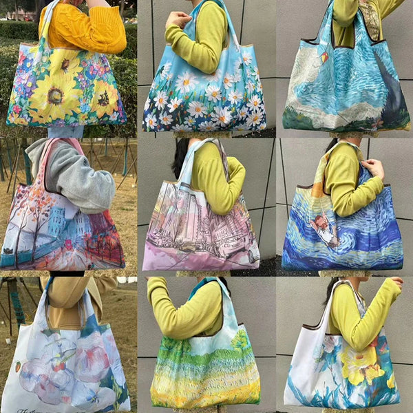 A collection of people holding various colorful and patterned foldable nylon shopping totes.
