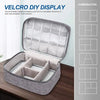 A gray Velcro DIY display storage pouch with padded dividers shown open on a wooden surface.