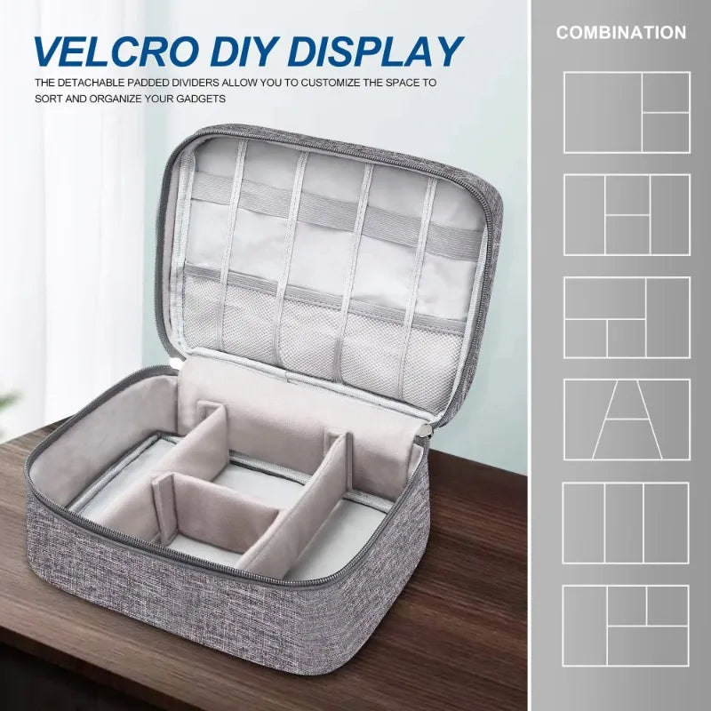A gray Velcro DIY display storage pouch with padded dividers shown open on a wooden surface.
