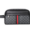 A black clutch bag with a grey monogram pattern and green and red stripes.