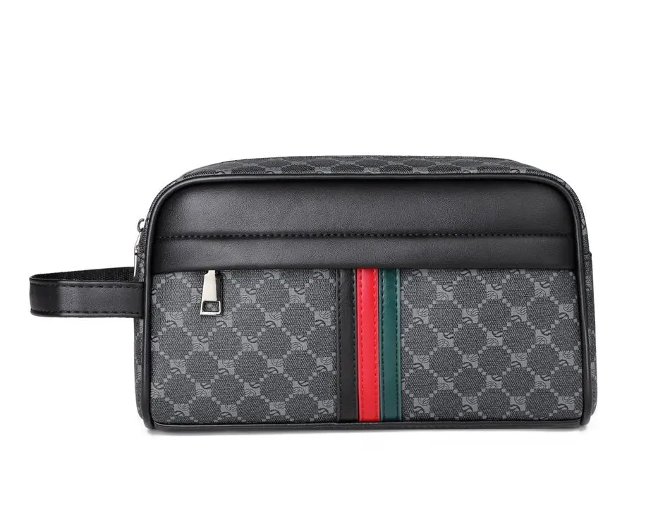 A black clutch bag with a grey monogram pattern and green and red stripes.