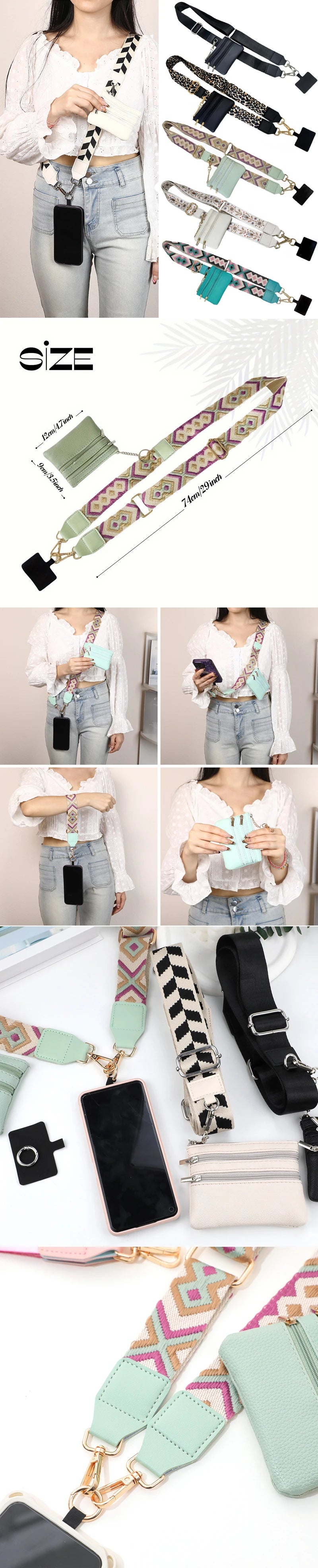 A collection of various hands-free phone lanyards and leather wallets in different colors and patterns.