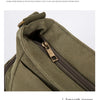 Close-up of a olive green canvas backpack featuring a double zipper design.