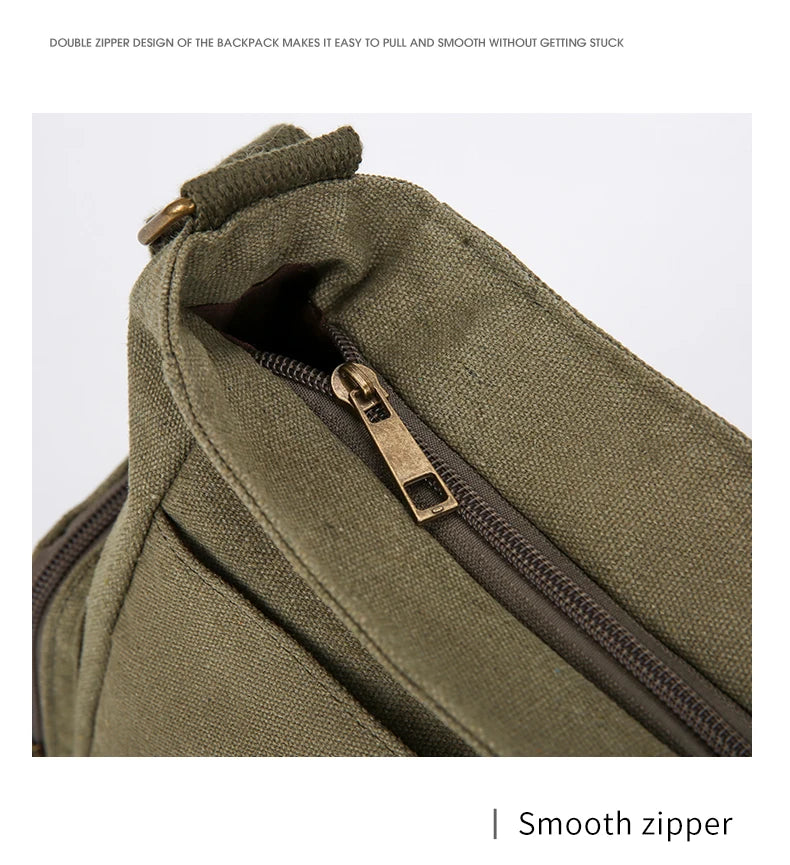 Close-up of a olive green canvas backpack featuring a double zipper design.
