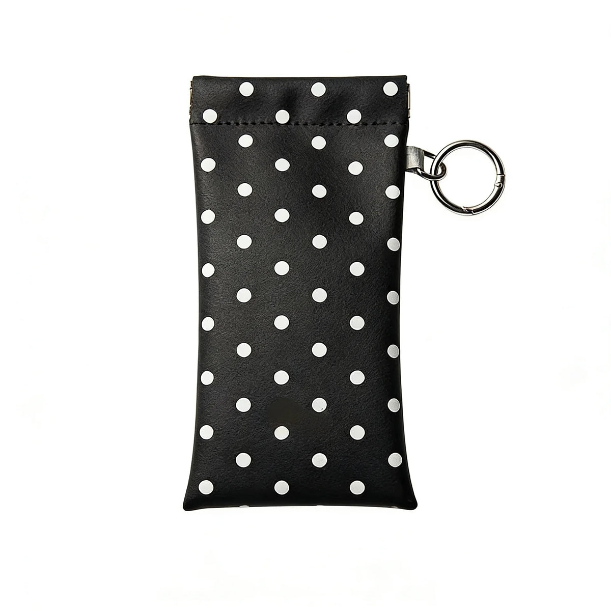 Black polka dot eyeglass pouch with a silver keychain attached.