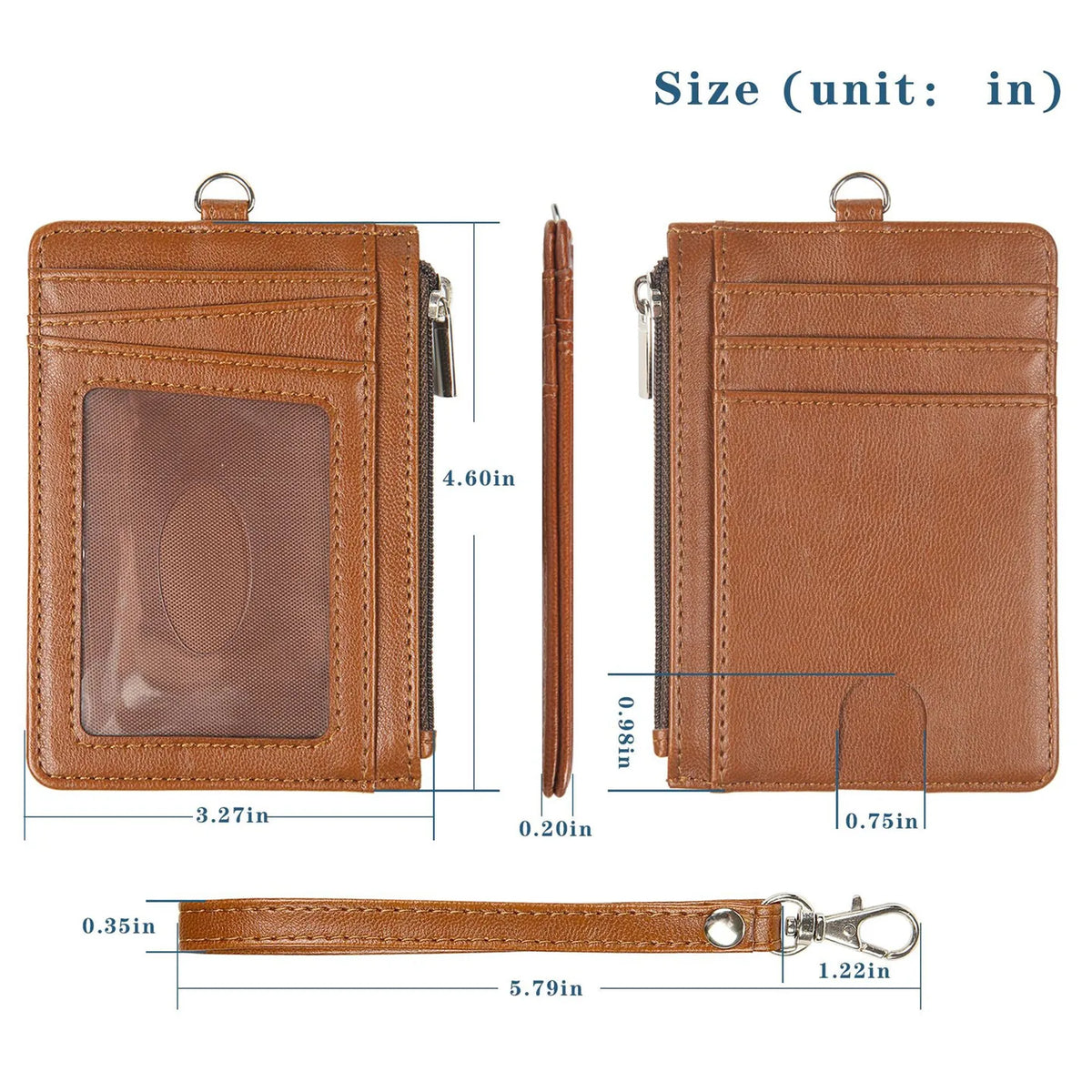 Braun-PU-Leder-Ausweis-Halter mit Lanyard und Kartenfächer in verschiedenen Größen gezeigt.