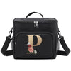 Black insulated canvas lunch bag with a gold initial P and dual handles