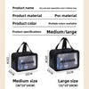 A pair of black double-layer clear and dry separation men's toiletry bags shown in medium and large sizes.