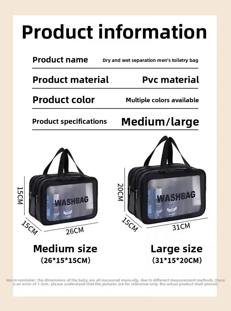 A pair of black double-layer clear and dry separation men's toiletry bags shown in medium and large sizes.