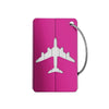 A pink durable aluminum luggage tag with a white airplane silhouette and a silver cord.