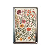 A vintage metal card holder featuring a detailed floral illustration with pink, orange, and green foliage.