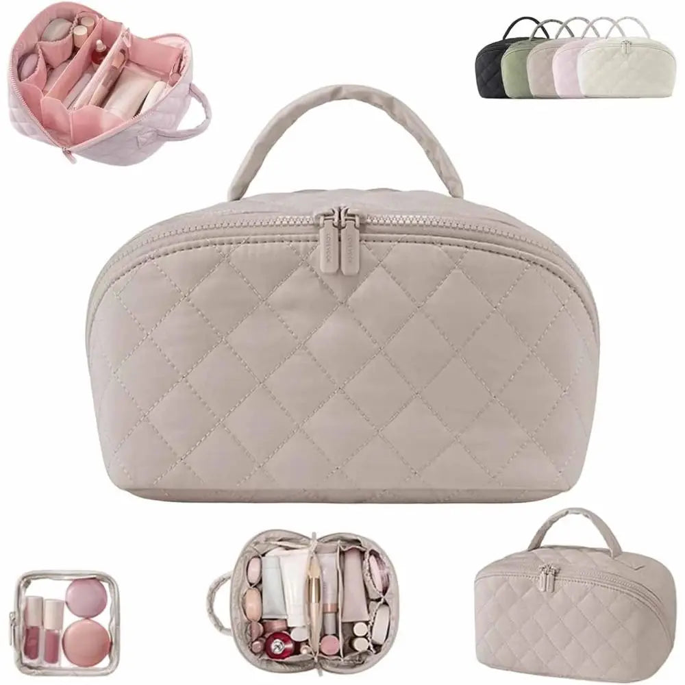 A beige lay-flat water-resistant makeup organizer bag shown with various makeup items and color options.