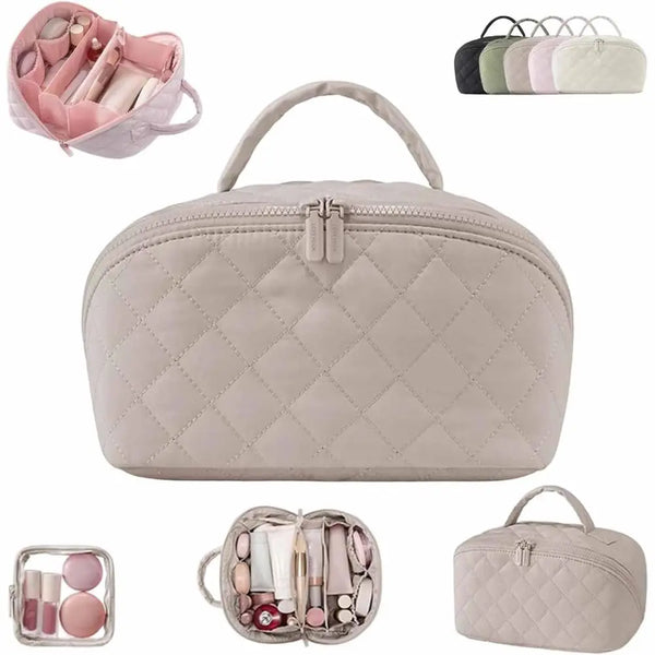 A beige lay-flat water-resistant makeup organizer bag shown with various makeup items and color options.