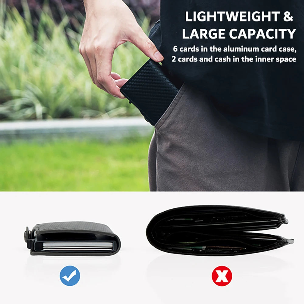 A black carbon fiber RFID pop-up card holder is shown in a hand, demonstrating its lightweight and large capacity features.