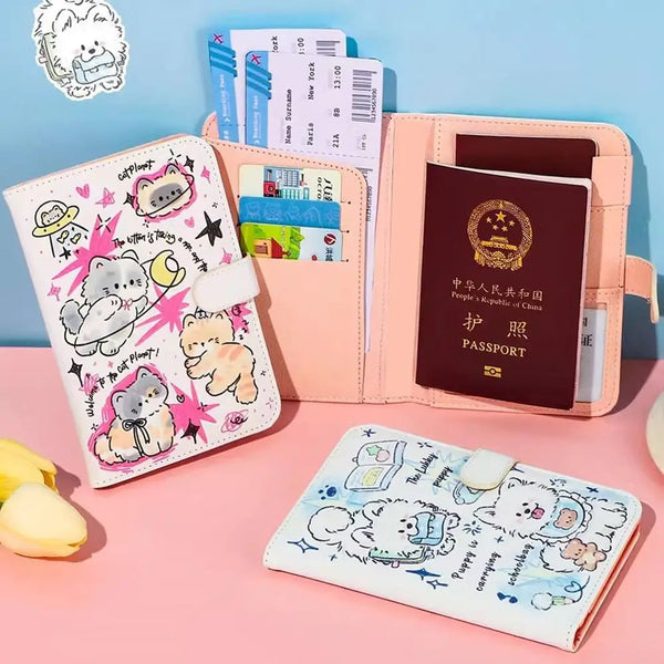 A pink premium PU leather passport holder with multiple slots and a decorative cat design, next to a passport.