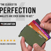 A hand holds a slim green RFID blocking wallet with various credit cards and a bank card inside.