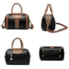A luxury women's leather shoulder crossbody bag in black and tan leather.