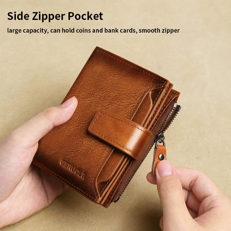 A hand holds a brown leather side zipper pocket wallet with a smooth zipper.