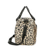 A leopard print travel duffel bag with black straps and a shoe compartment.