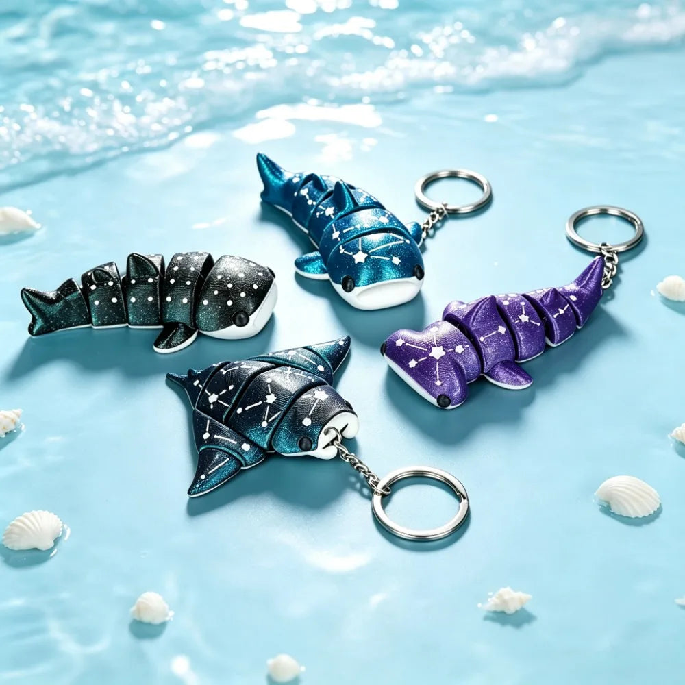 Three blue and purple devil ray figurines with silver rings floating on light blue water