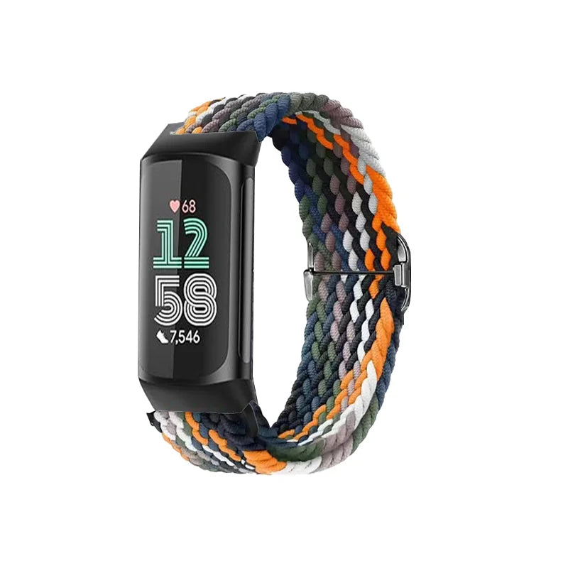 A black watch band with a multicolored, stretchy nylon strap is shown coiled.