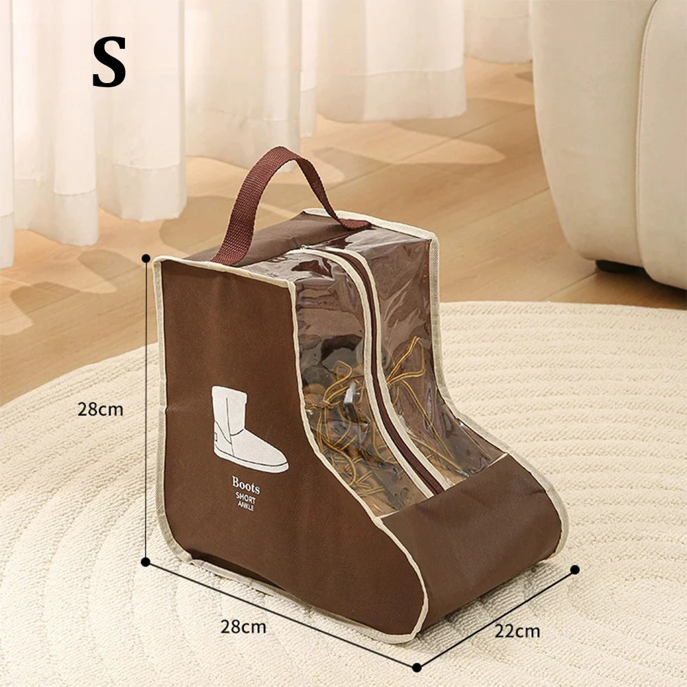 A brown portable waterproof boot storage bag with a handle is shown on a light rug.