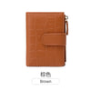 A brown minimalist PU leather bi-fold wallet with an ID window.