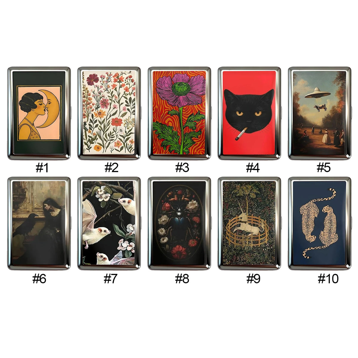 Ten art deco metal card holders featuring various floral, animal, and landscape designs in different colors