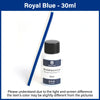 Bouteille de peinture pour bords bleu royal, 30ml, à base d'eau, avec applicateur en bois, sur fond blanc.