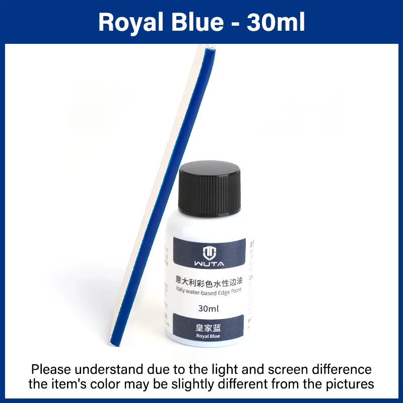 Bouteille de peinture pour bords bleu royal, 30ml, à base d'eau, avec applicateur en bois, sur fond blanc.