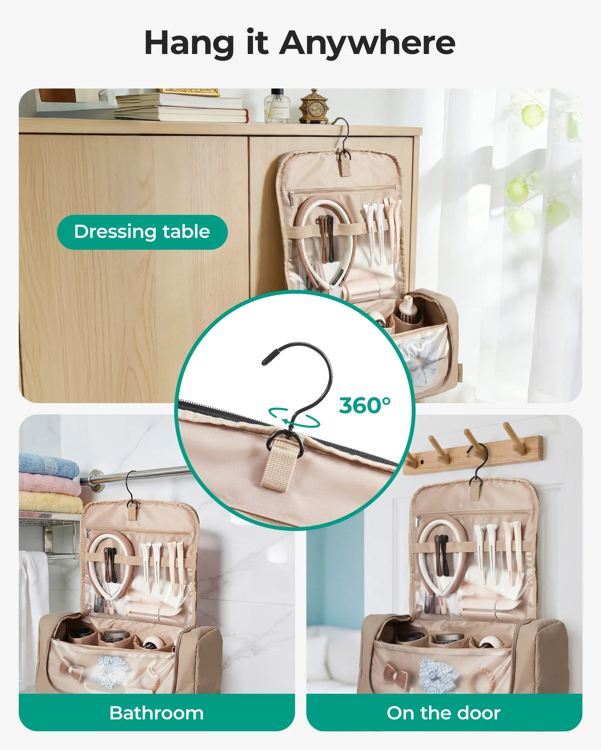 Organizador de herramientas para el cabello con gancho colgante, mostrado en tocador, baño y puerta.