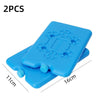 Two blue reusable ice packs with textured surfaces and small knobs shown next to a measurement scale.