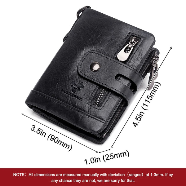 Black men's genuine leather bifold wallet with RFID protection and a double zipper shown from the side.