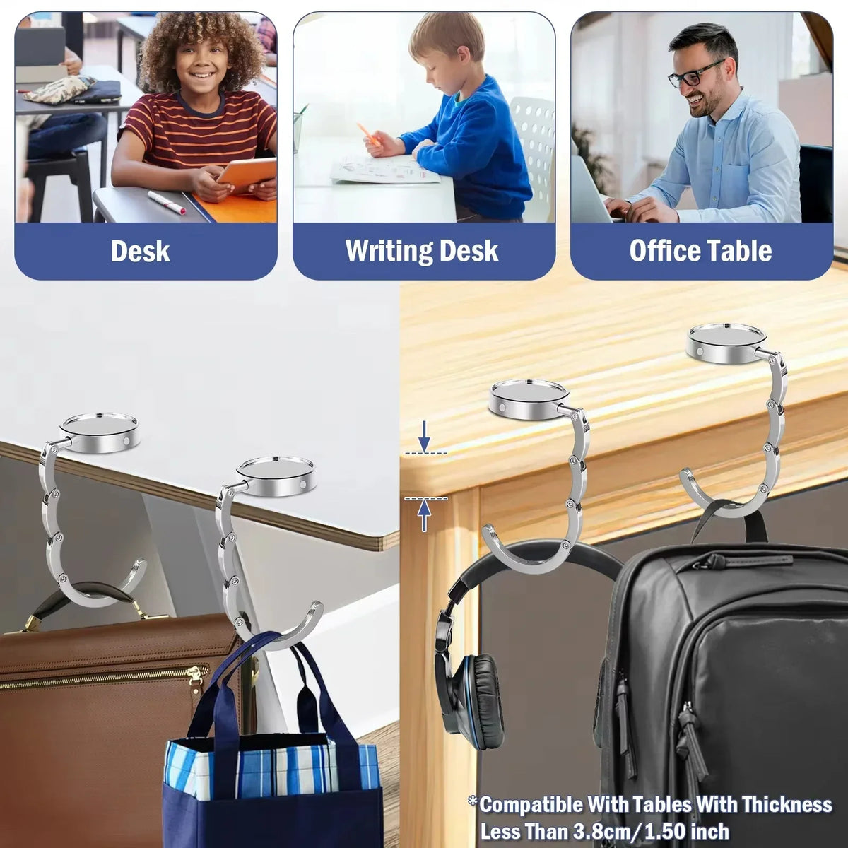 Un gancho de bolsa plegable plateado con varios accesorios para organizar artículos en un escritorio o mesa.