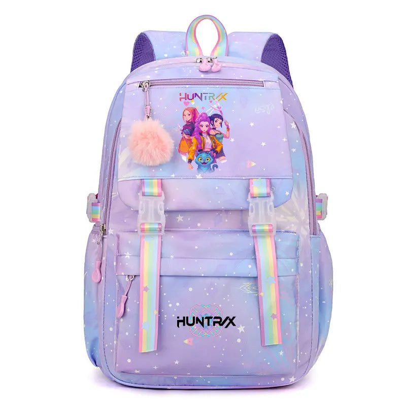 A purple and pink Huntrix laptop backpack featuring a floral design and sparkly fabric.