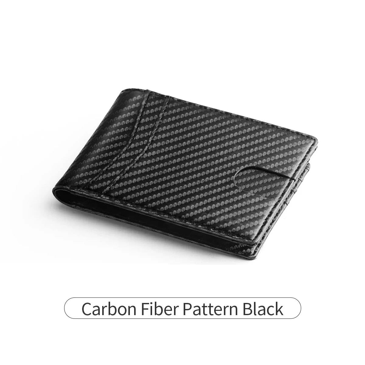Black carbon fiber pattern minimalist trifold wallet shown from above