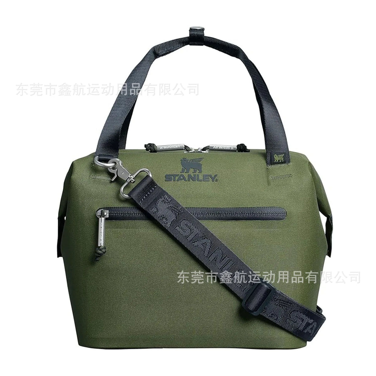 Olive green insulated cooler lunch bag with a black detachable crossbody strap