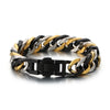 A chunky Cuban link bracelet featuring alternating gold, silver, and black links.