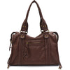 Braune Vintage-PU-Leder-Tasche mit mehreren Reißverschlusstaschen und Lederdetails.