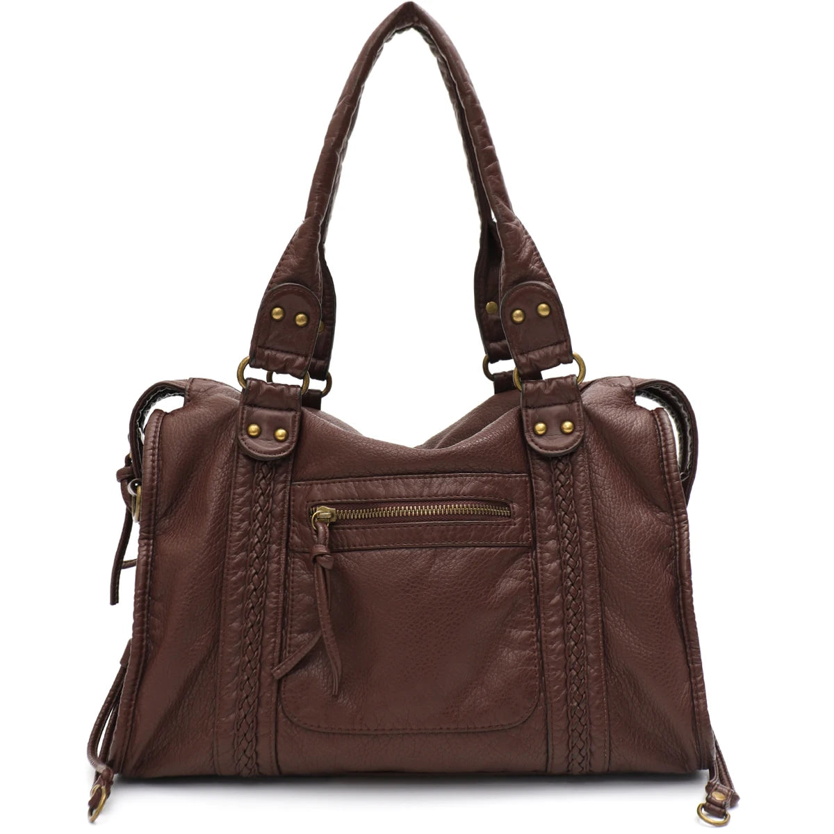 Braune Vintage-PU-Leder-Tasche mit mehreren Reißverschlusstaschen und Lederdetails.