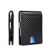 Black men's carbon fiber microfiber wallet with a textured pattern shown in a vertical and horizontal view.