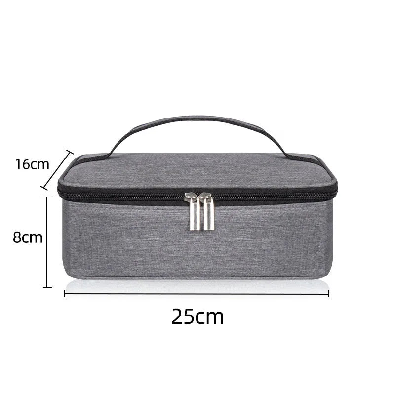 A gray insulated mini lunch bag with a handle, measuring 16cm high and 25cm long.