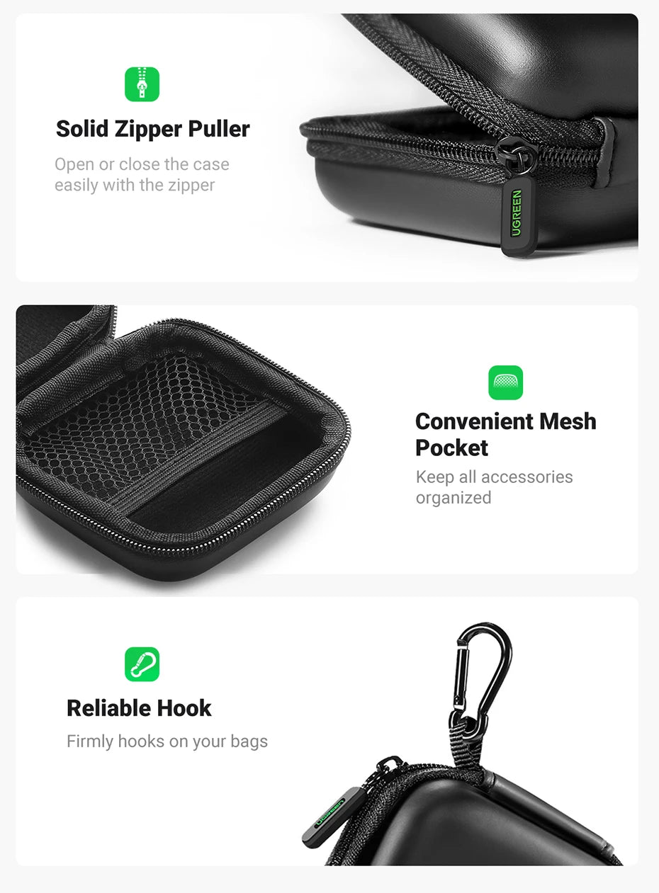 Estuche de almacenamiento premium negro con cremallera sólida, bolsillo de malla y gancho fiable para organizar accesorios.