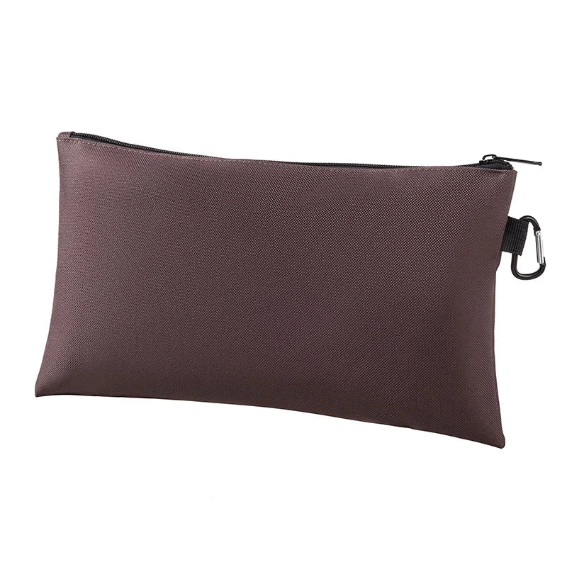 A dark brown multi-functional organizer tool kit bag with a zipper and attached carrying strap.