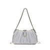 Silver rhinestone evening clutch bag with a long chain strap and pleated texture