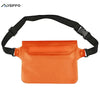 Orange waterproof mobile phone pouch with a black adjustable strap