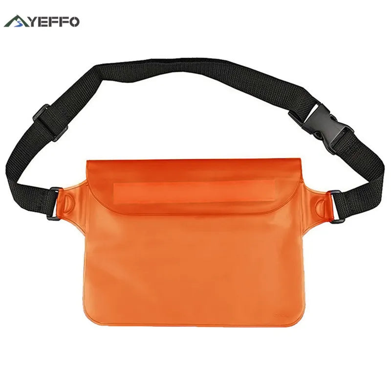 Orange waterproof mobile phone pouch with a black adjustable strap