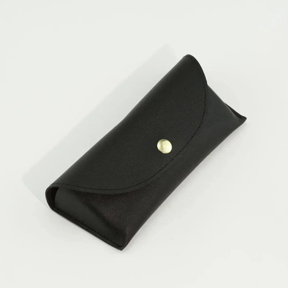 A black PU leather hard shell sunglasses case shown from above.