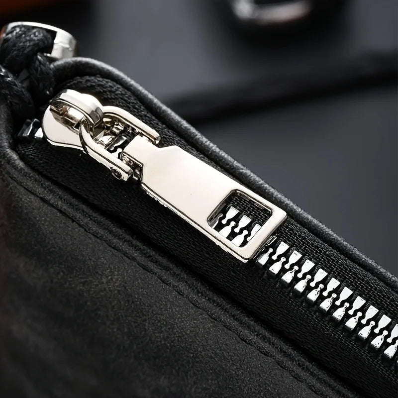 Close-up of a black zippered pouch with a silver metal zipper pull and teeth.